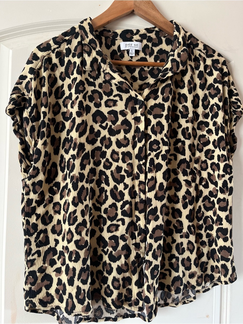 Per Se Leopard-Print Button-Front Blouse in Beige, Brown, Black